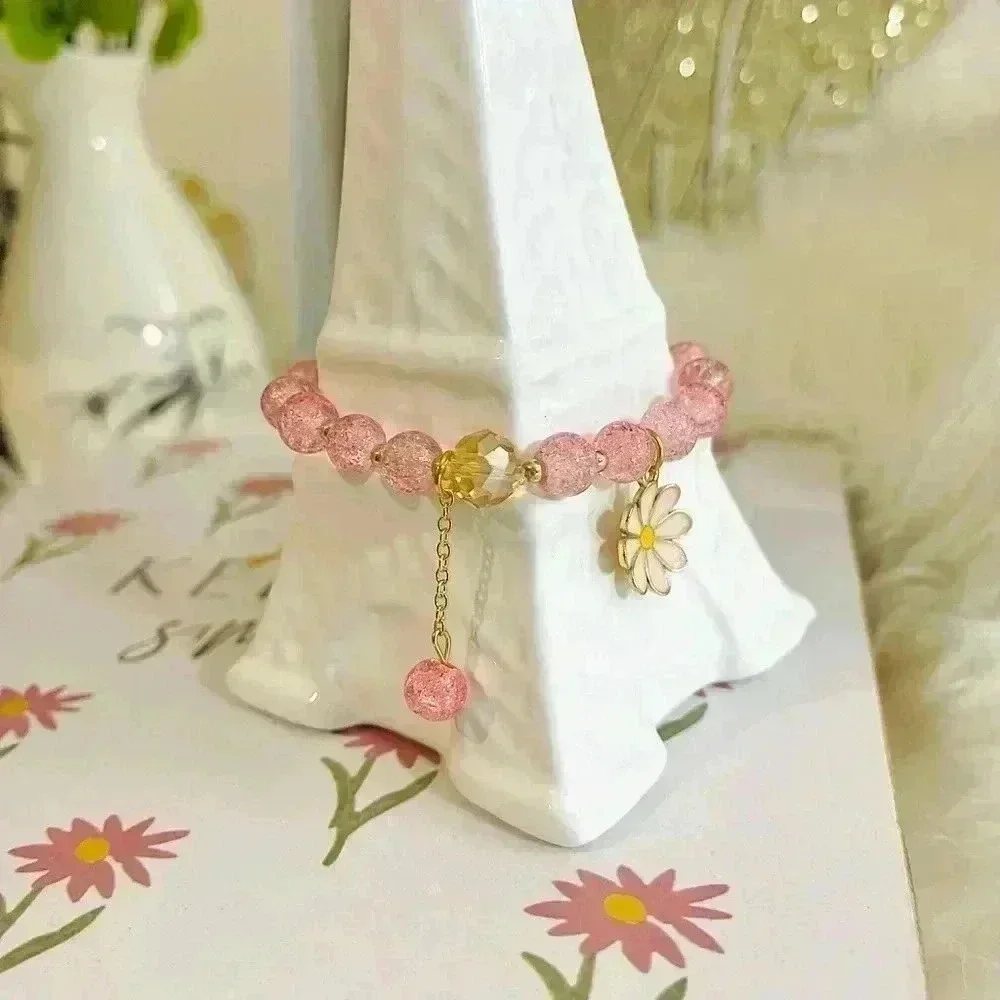 Pink beaded Flower Pendant Bracelet